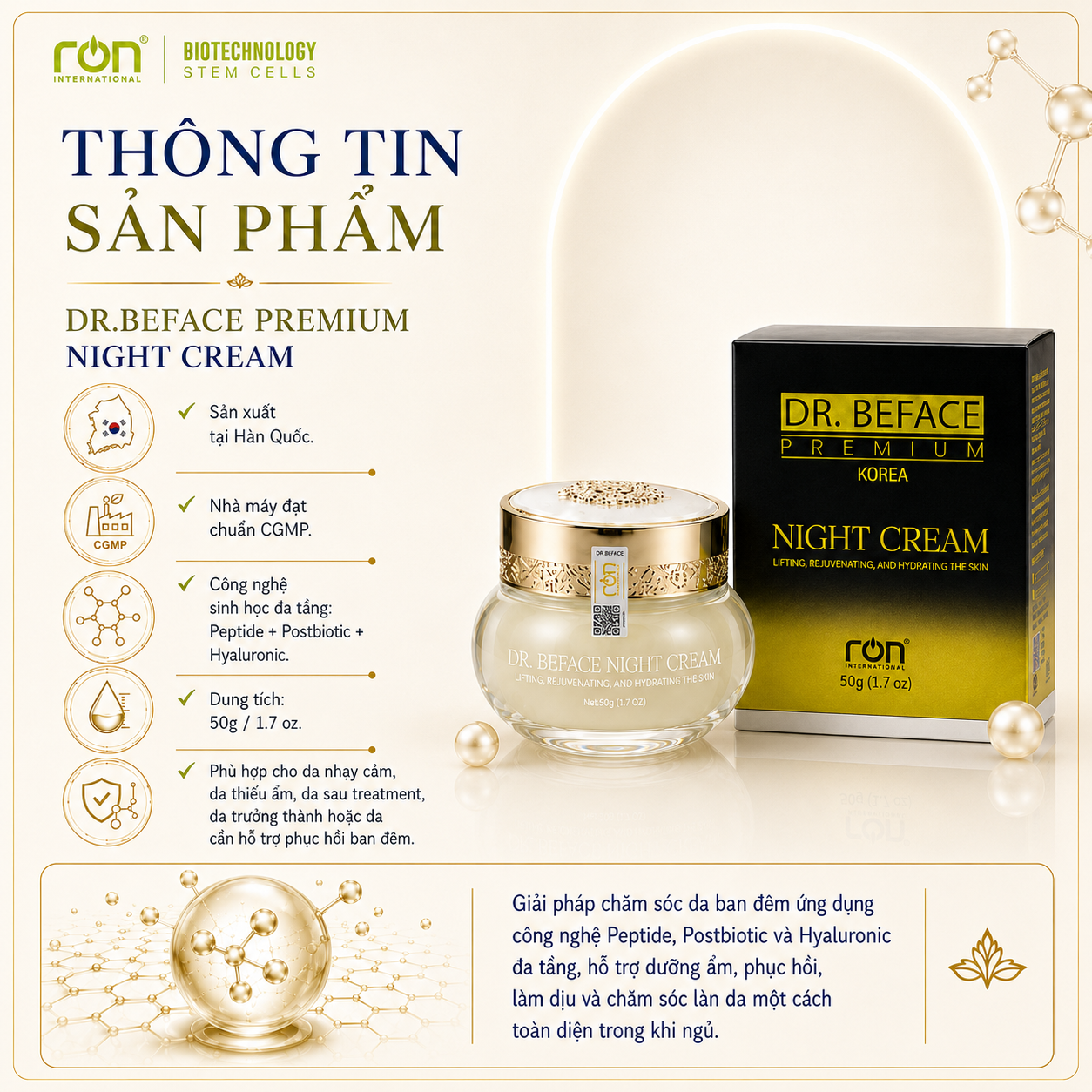 DR.BEFACE PREMIUM NIGHT CREAM/Kem Dưỡng Da Ban Đêm Phức Hợp Peptide Sinh Học – Hỗ Trợ Phục Hồi Và Củng Cố Hàng Rào Da
